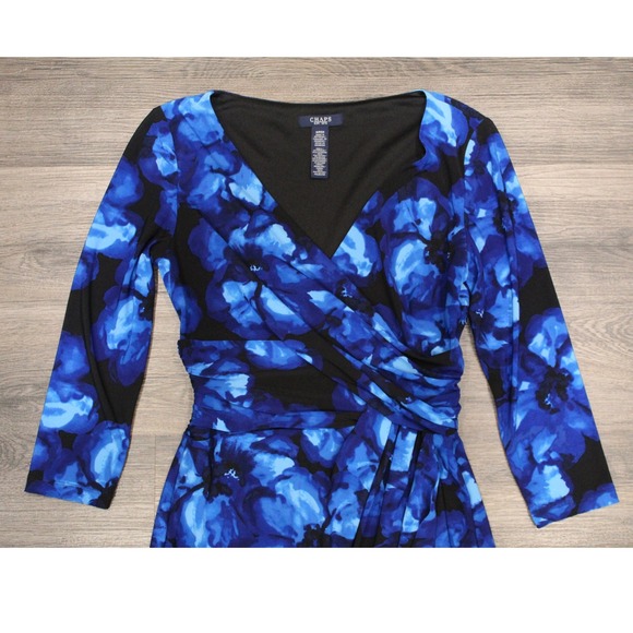 Chaps Floral Print Wrap Dress Blue Black Midi Length 3/4 Sleeve Small - Picture 3 of 13